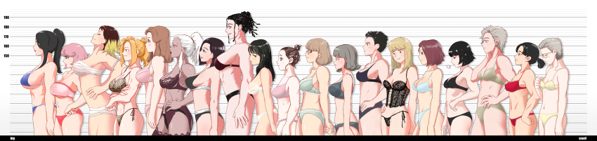 6+girls, absurdres, animal_print, bikini, black_hair, blonde_hair, breast_conscious, breasts, brown_hair, bust_chart, cha_so-wul, character_request, chest_sarashi, clothes_writing, commentary_request, dark-skinned_female, dark_skin, derivative_work, dreadlocks, everyone, fight_class_3, fundoshi, glasses, height_chart, highres, incredibly_absurdres, jang_mi-ryeong, japanese_clothes, korean_commentary, kwon_tae-young, lace, lace-trimmed_thighhighs, lace_trim, large_breasts, leopard_print, leopard_print_bikini, lim_chae-sook, lineup, lingerie, long_hair, long_image, maria_dacascos, medium_breasts, multiple_girls, muscular, muscular_female, orange_hair, print_bikini, sarashi, short_hair, sideboob, small_breasts, standing, sunny_jaa, swimsuit, tall_female, thighhighs, underboob, underwear, underwear_writing, vagabooo, variant_set, wide_image, yeo_eun-sol