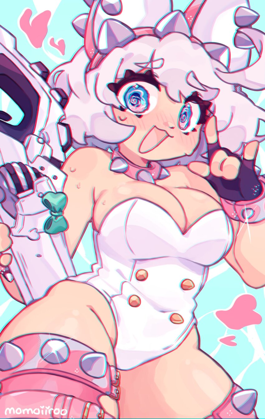 1girl, :3, \m/, absurdres, ahoge, alternate_costume, anaglyph, animal_ear_hairband