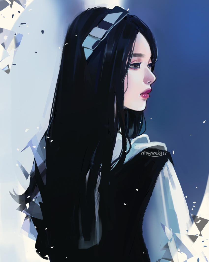 1girl, artist_name, back, black_hair, closed_mouth, commentary, english_commentary, go_won