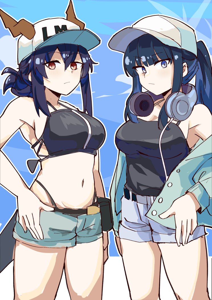 2girls, aqua_jacket, arknights, bare_shoulders, baseball_cap, bikini, black_bikini, blue_archive
