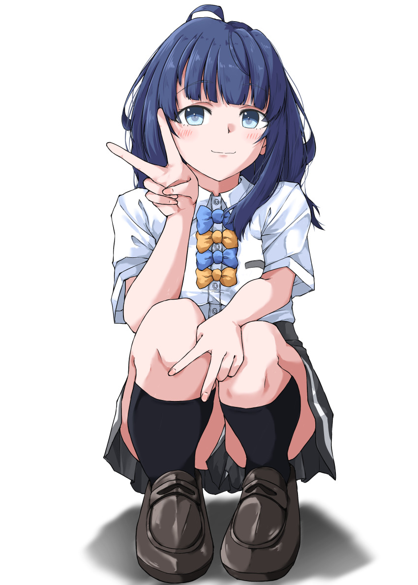 1girl, absurdres, ahoge, black_shoes, black_socks, blue_bow, blue_bowtie, blue_eyes, blue_hair, bow, bowtie, collared_shirt, commentary_request, double_v, dress_shirt, grey_skirt, highres, loafers, long_hair, make_heroine_ga_oo_sugiru!, randefor, school_uniform, shirt, shoes, simple_background, skirt, socks, solo, squatting, summer_uniform, v, white_background, white_shirt, yanami_anna, yellow_bow, yellow_bowtie