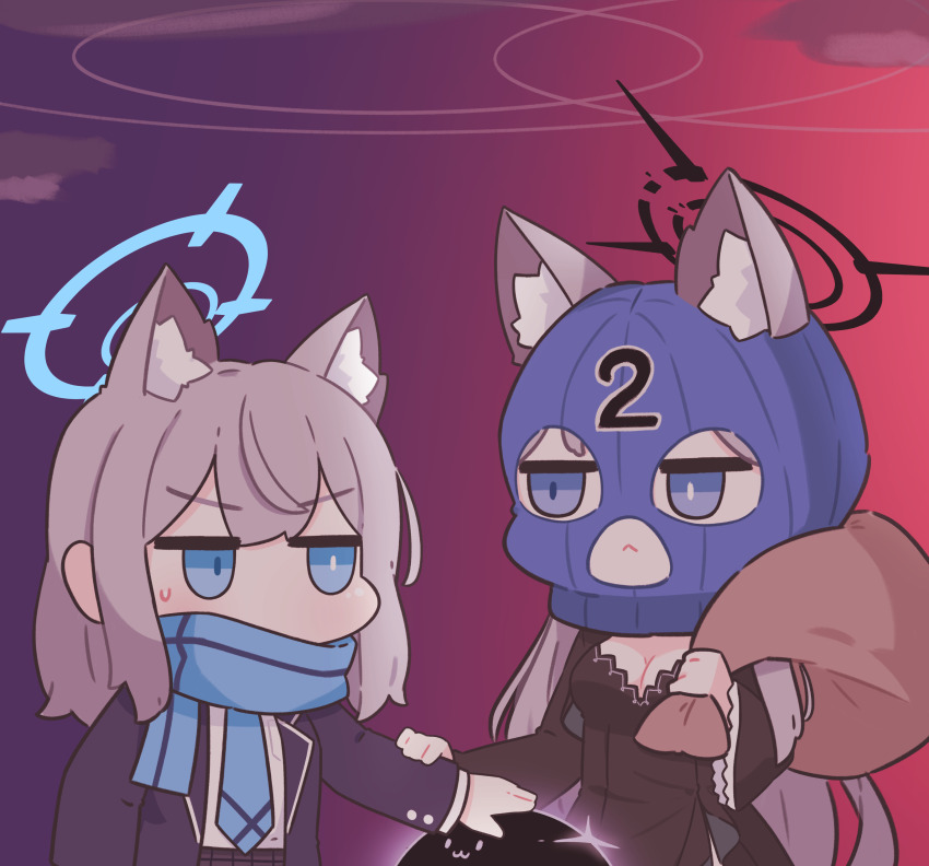 2girls, absurdres, animal_ears, black_dress, black_halo, blue_archive, blue_eyes, blue_halo
