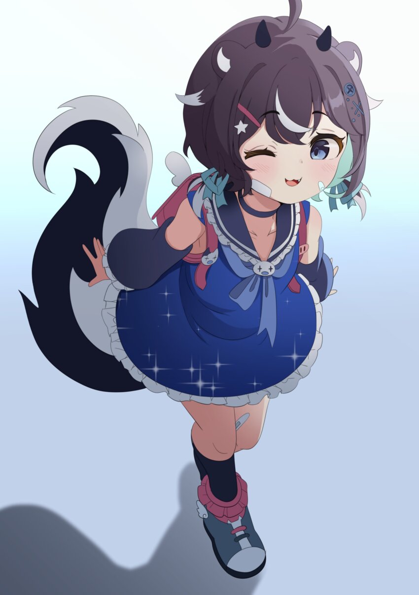 1girl, absurdres, awa_ben_0521, bandaid, black_hair, blue_eyes, child, dress