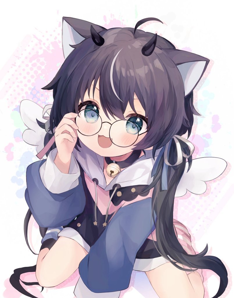 1girl, animal_ears, black_hair, blue_eyes, cat_ears, child, glasses, horns