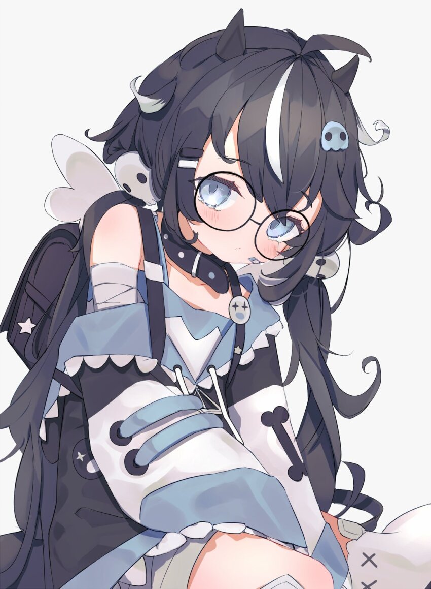 1girl, bandaid, black_hair, blue_eyes, blush, child, crying, glasses