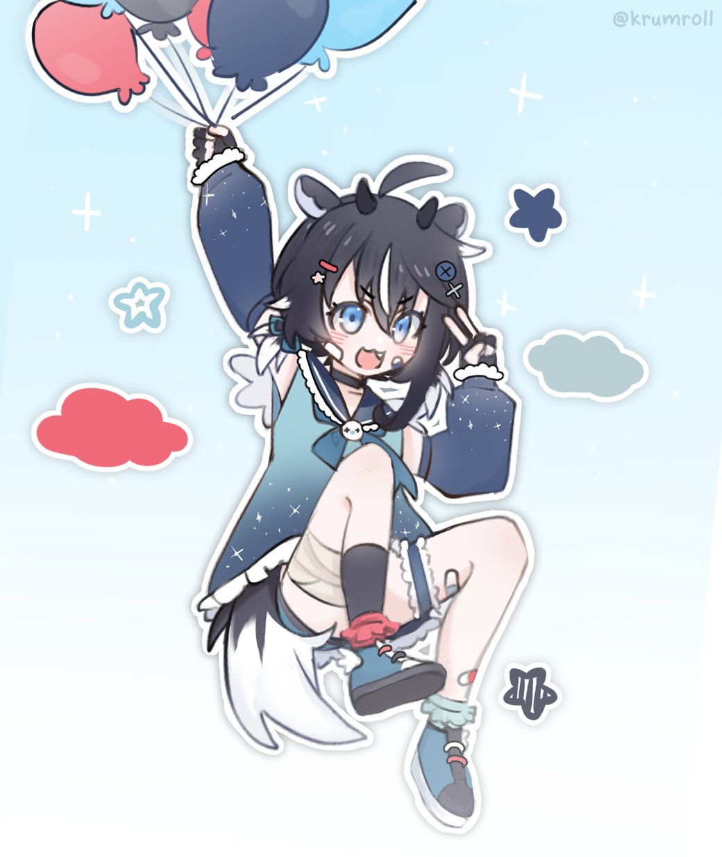 1girl, 2024, balloon, bandaid, black_hair, blue_eyes, blush, highres