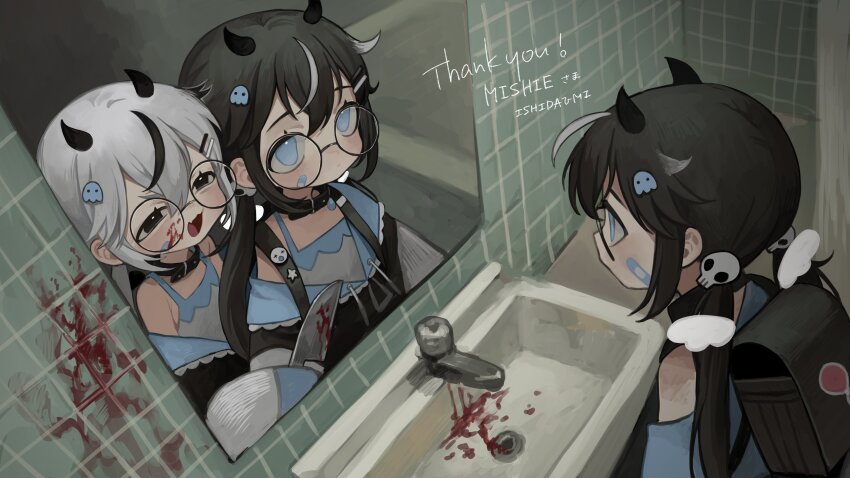 2girls, absurdres, artist_name, bandaid, black_hair, blood, blue_eyes, character_name, highres, horns, indie_virtual_youtuber, knife, loli, mirror, multiple_girls, reflection, self-harm, sink, solo, tenshimishie, uminonaka0x0, virtual_youtuber, white_hair