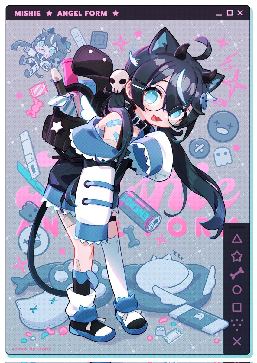 1girl, artist_name, bandaid, black_hair, blue_eyes, child, glasses, highres