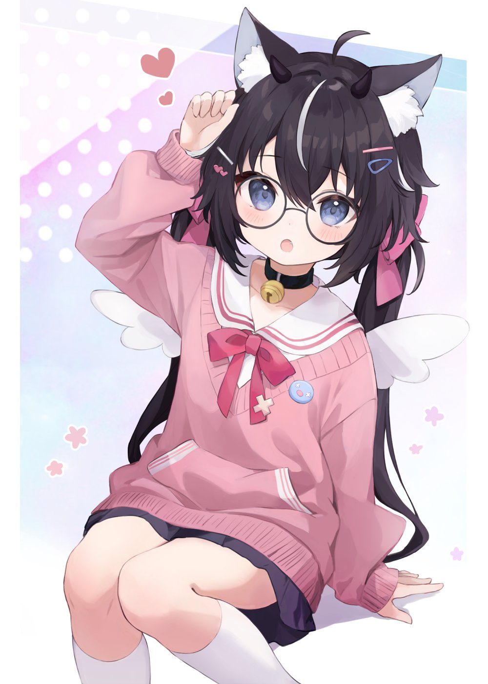 1girl, black_hair, blue_eyes, blush, child, glasses, heart, highres, horns, indie_virtual_youtuber, pink_shirt, shirt, sitting, skirt, socks, solo, tenshimishie, virtual_youtuber, wao_nwon, white_socks