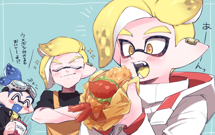 3boys, ^_^, apron, black_jacket, black_shirt, blonde_hair, blue_hair, blue_tongue