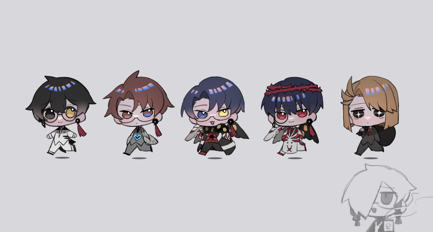 6+boys, absurdres, ahoge, black_eyes, black_jacket, black_pants, blue_hair, brown_hair