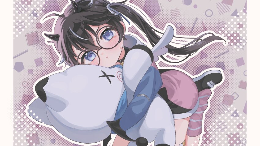 1girl, black_hair, blue_eyes, blush, child, d_kirigip, glasses, highres, horns, indie_virtual_youtuber, pout, solo, tenshimishie, virtual_youtuber