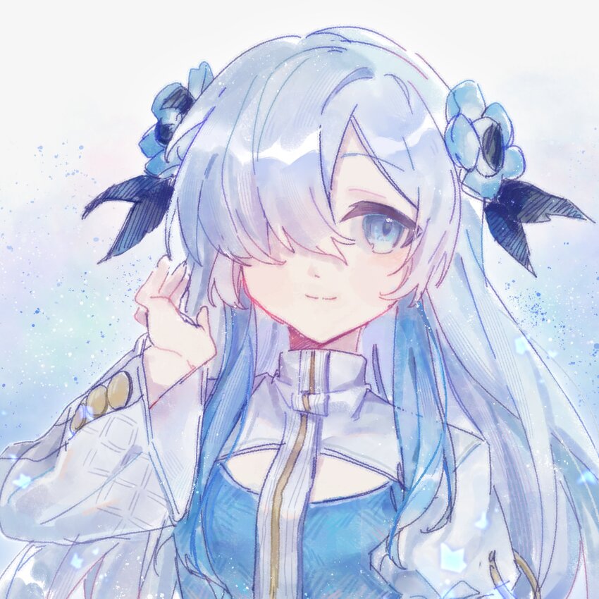 1girl, anemone_(flower), black_ribbon, blue_background, blue_dress, blue_flower, blue_hair, commentary, dress, flower, gradient_background, grey_eyes, grey_hair, hair_flower, hair_ornament, hair_over_one_eye, hair_ribbon, hand_up, hashtag-only_commentary, highres, ichigo_(hanmian114514), isekaijoucho, jpeg_artifacts, kamitsubaki_studio, light_smile, long_hair, long_sleeves, looking_to_the_side, multicolored_hair, ribbon, solo, straight-on, streaked_hair, two-tone_dress, two-tone_hair, upper_body, virtual_youtuber, white_background, white_dress, wide_sleeves