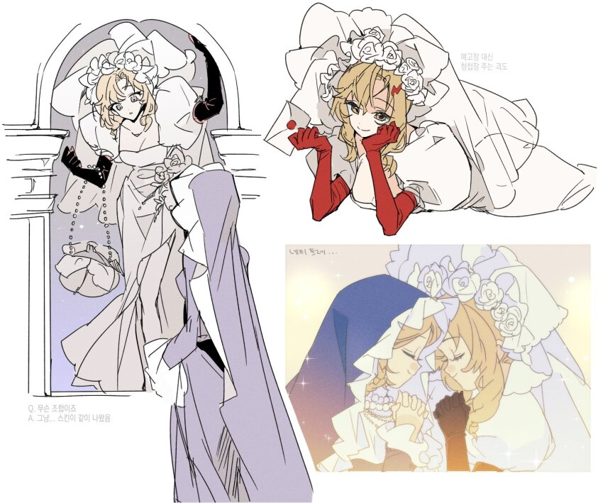 24heeju, 2girls, bag, blue_dress, brown_eyes, brown_hair, closed_eyes, coif