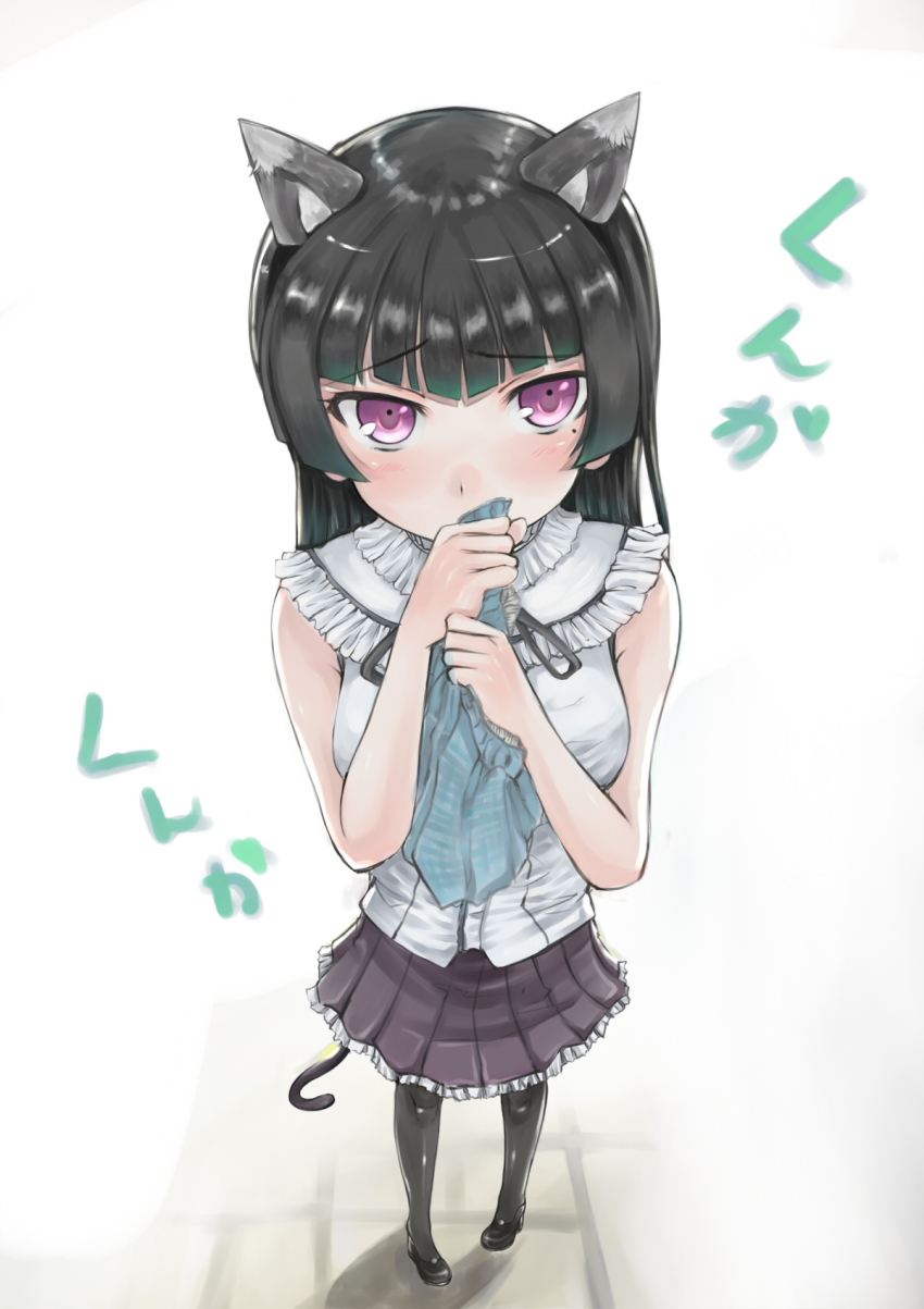 1girl, animal_ears, black_hair, blouse, cat_ears, cat_tail, female_focus, gokou_ruri