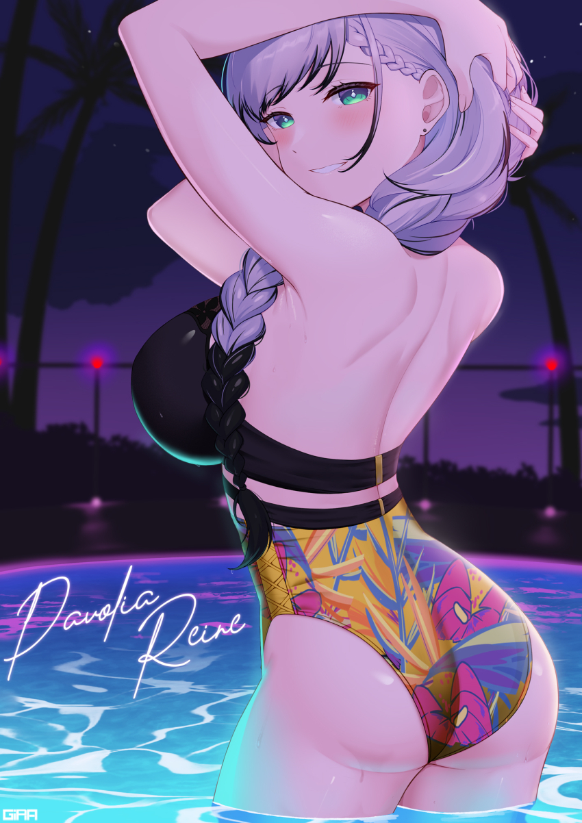 1girl, alternate_costume, aqua_eyes, armpits, arms_behind_head, ass, back, black_hair, braid, breasts, ear_piercing, from_behind, girarikyo, grey_hair, grin, highres, hololive, hololive_indonesia, large_breasts, long_hair, looking_at_viewer, low-braided_long_hair, low-tied_long_hair, multicolored_hair, night, pavolia_reine, piercing, pool, smile, solo, swimsuit, virtual_youtuber
