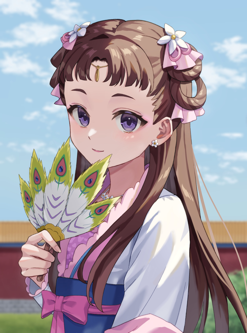 brown_hair, chinese_clothes, closed_mouth, collarbone, duijin_ruqun, earrings, fingernails, flower