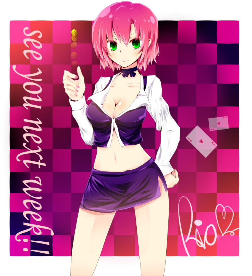 1girl, breasts, card, choker, cleavage, coin, croupier, english_text