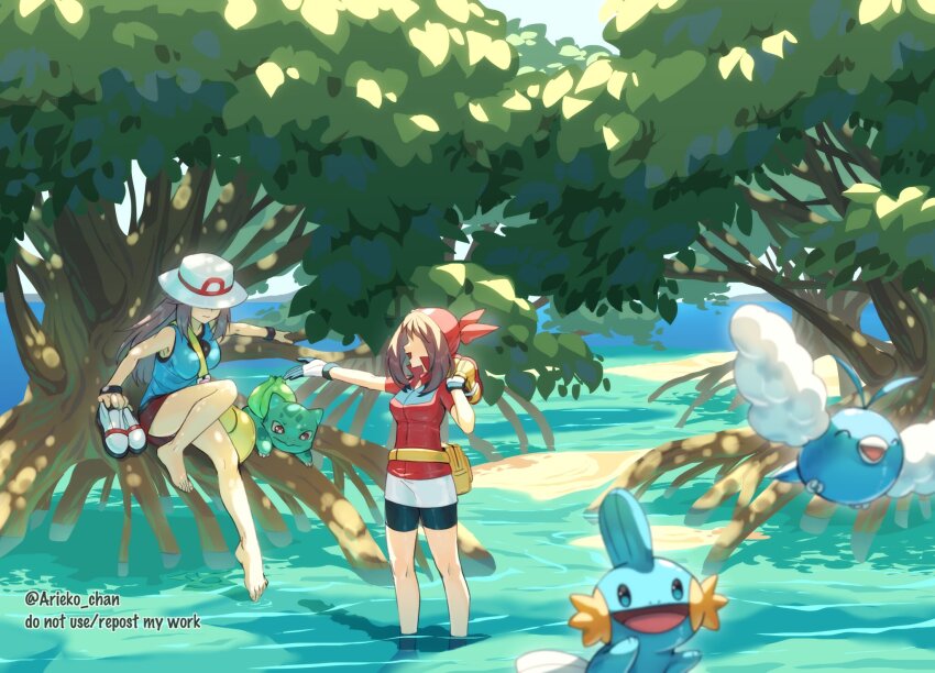 2girls, ^_^, aerial_root, antenna_hair, ariekochan, bandana, barefoot, bike_shorts, bird, black_shorts, blue_tank_top, breasts, brown_hair, bulbasaur, closed_eyes, covered_eyes, fanny_pack, feathers, fluffy, flying, gen_1_pokemon, gen_3_pokemon, gloves, hat, hat_over_eyes, highres, holding, holding_shoes, holding_unworn_clothes, in_water, large_breasts, leaf_(pokemon), long_hair, mangrove, may_(pokemon), mossdeep_city, mudkip, multiple_girls, nintendo, no_eyes, open_mouth, outstretched_hand, pokemon, pokemon_firered_and_leafgreen, pokemon_ruby/sapphire/emerald, red_bandana, red_shirt, red_skirt, sand, shirt, shoes, shorts, skirt, smile, swablu, tank_top, toe_dipping, tree, unworn_shoes, wading, water, white_feathers, white_gloves, white_hat
