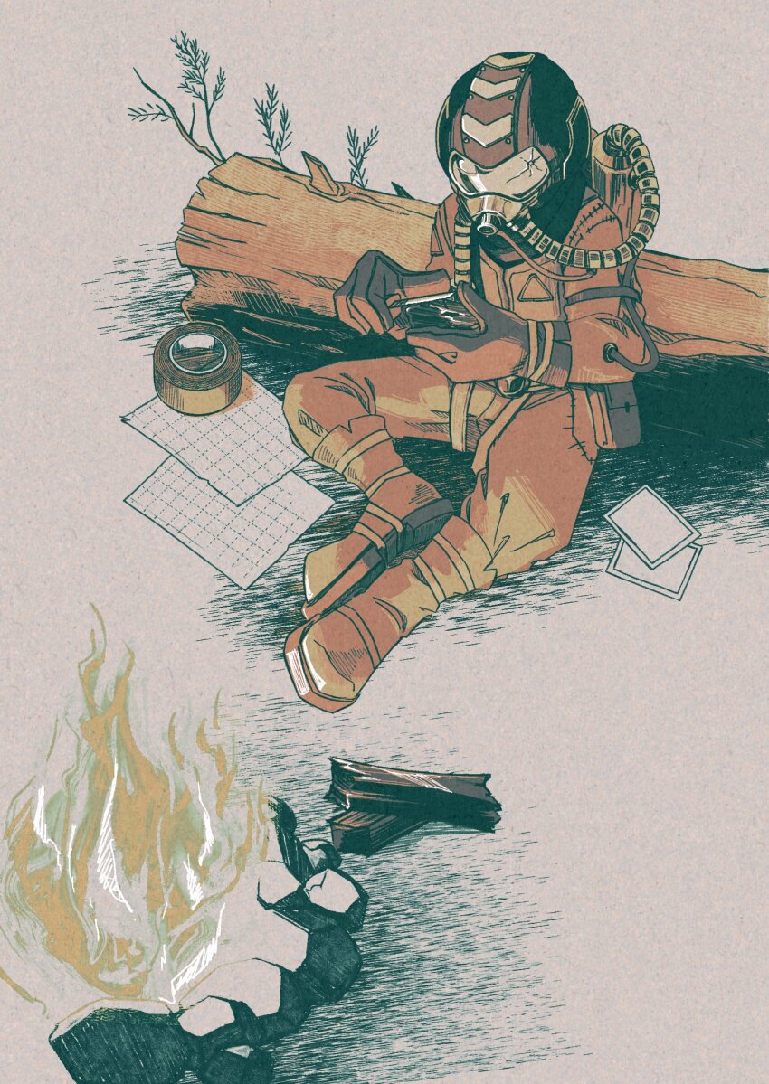 boots, campfire, commentary, crack, feldspar_(outer_wilds), fire, gloves, helmet, highres, holding, holding_knife, knife, log, outdoors, outer_wilds, pouch, sasa_fistulosum, spacesuit, tape, whittling