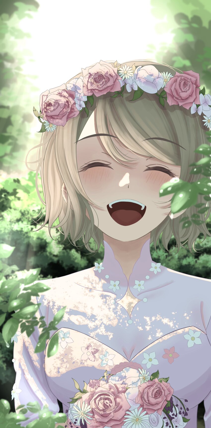 1girl, absurdres, bouquet, breasts, brown_hair, bush, cleavage, closed_eyes, dress, flower, hair_flower, hair_ornament, hana_y_chan, head_wreath, highres, holding, holding_bouquet, leaf, love_live!, love_live!_sunshine!!, open_mouth, outdoors, short_hair, sunlight, teeth, tree, vegetation, watanabe_you, wavy_hair