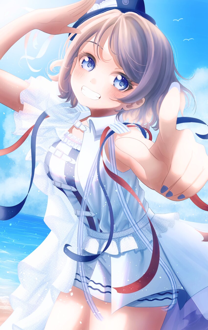 1girl, absurdres, arm_up, beach, beginners_sailing, bird, blue_eyes, brown_hair