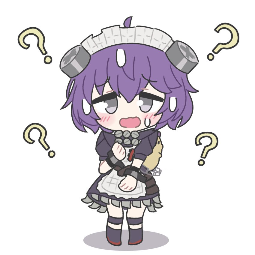 1girl, ?, apron, bernadetta_von_varley, blush, chibi, commentary, corin_wickes