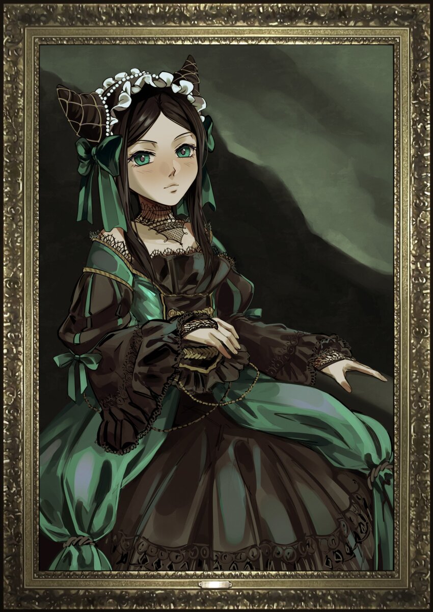 1girl, absurdres, black_dress, black_hair, closed_mouth, commentary, cone_hair_bun, dress