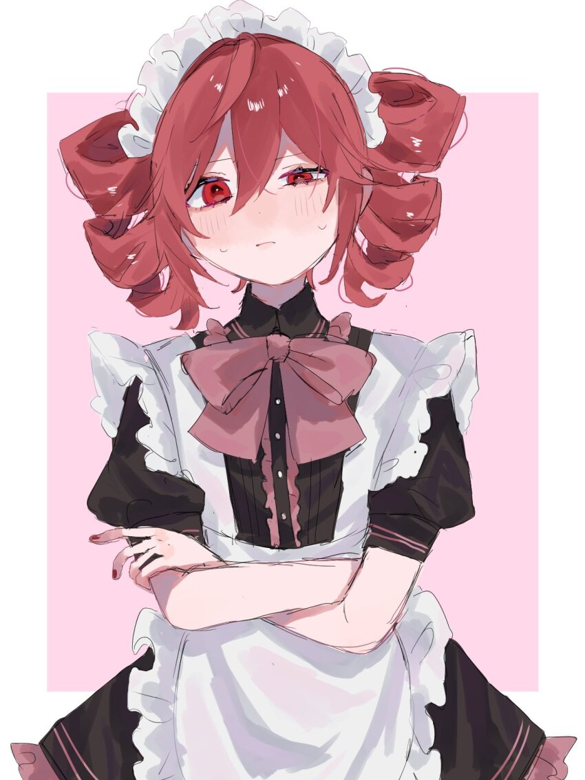 1girl, apron, border, bow, bowtie, buttons, closed_mouth, crossed_arms, dress, drill_hair, frilled_apron, frills, frown, hair_between_eyes, highres, kasane_teto, looking_at_viewer, maid, maid_apron, maid_headdress, pink_background, puffy_short_sleeves, puffy_sleeves, red_bow, red_bowtie, red_eyes, red_hair, red_trim, sakanaya_(toretate_fish), short_sleeves, solo, sweat, twin_drills, utau, white_apron, white_border