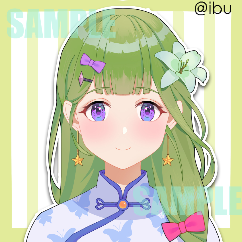 1girl, animal_print, artist_name, bow, butterfly_print, chinese_clothes, earrings, flower