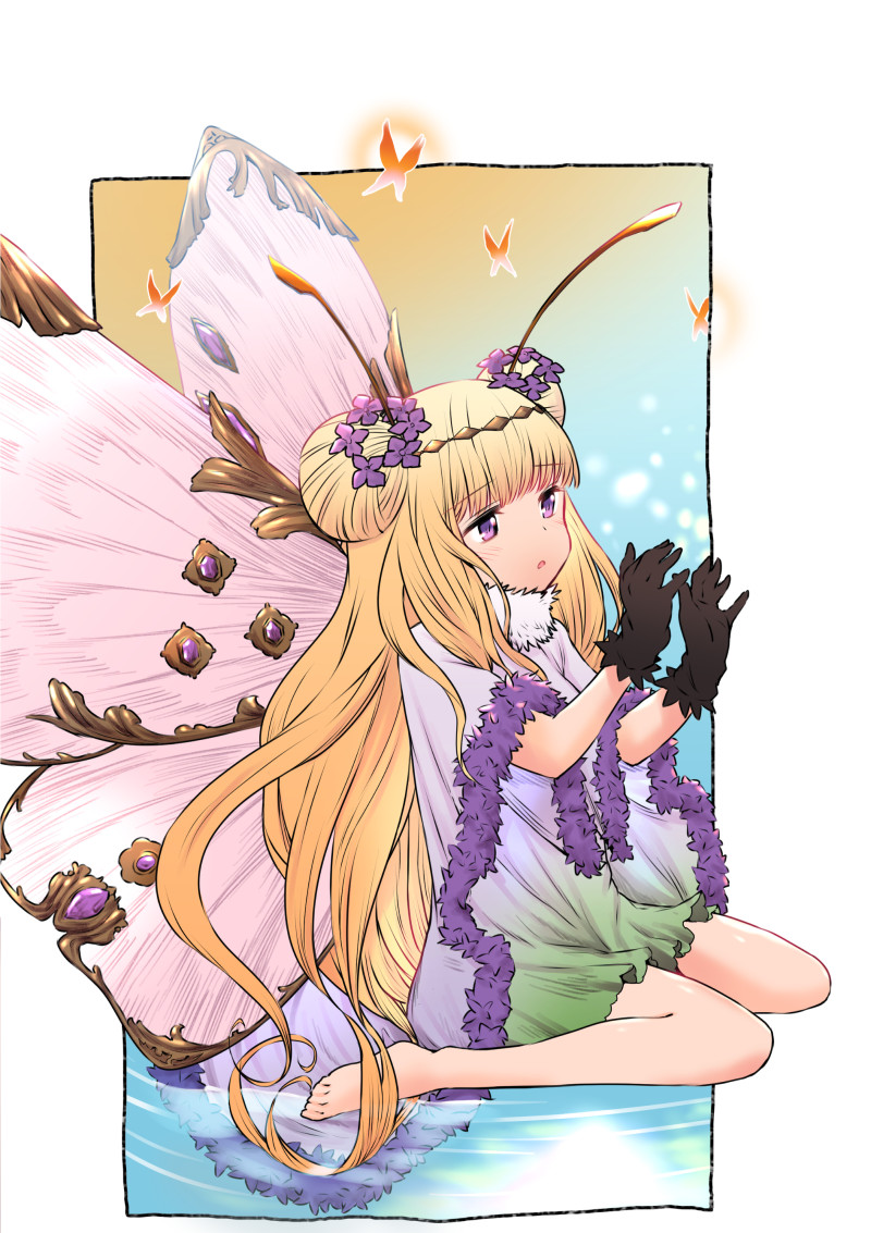 1girl, :o, antennae, arthropod_girl, bar_censor, bare_legs, barefoot, black_gloves