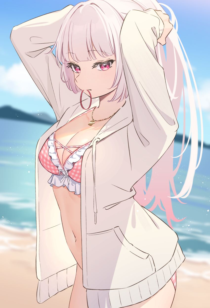 1girl, adjusting_hair, arms_up, beach, bikini, breasts, cleavage, collarbone