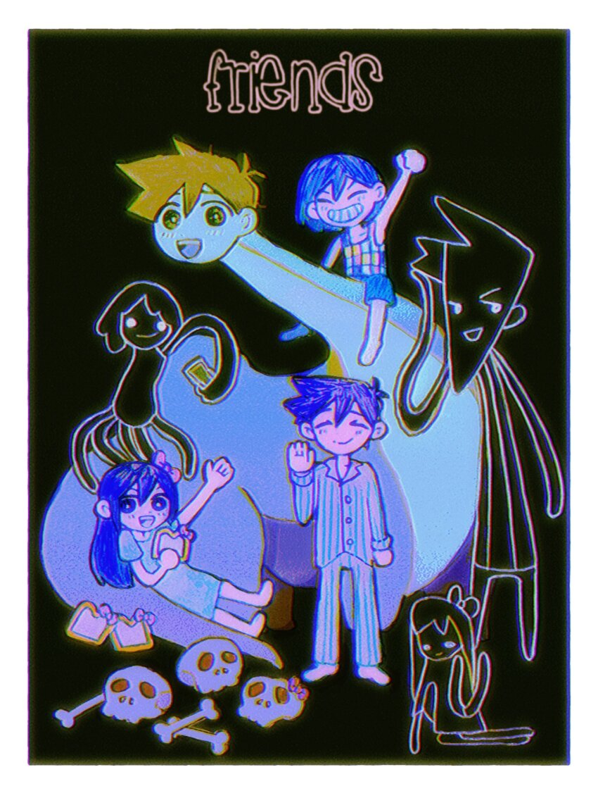 1girl, 2boys, aubrey_(headspace)_(omori), aubrey_(omori), bone, bow, closed_eyes, closed_mouth