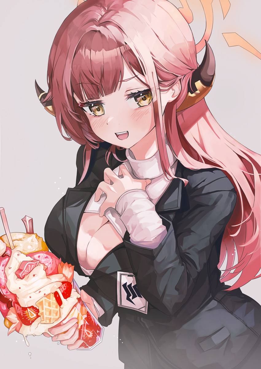 1girl, absurdres, aru_(blue_archive), black_coat, blue_archive, blush, breasts, brown_horns