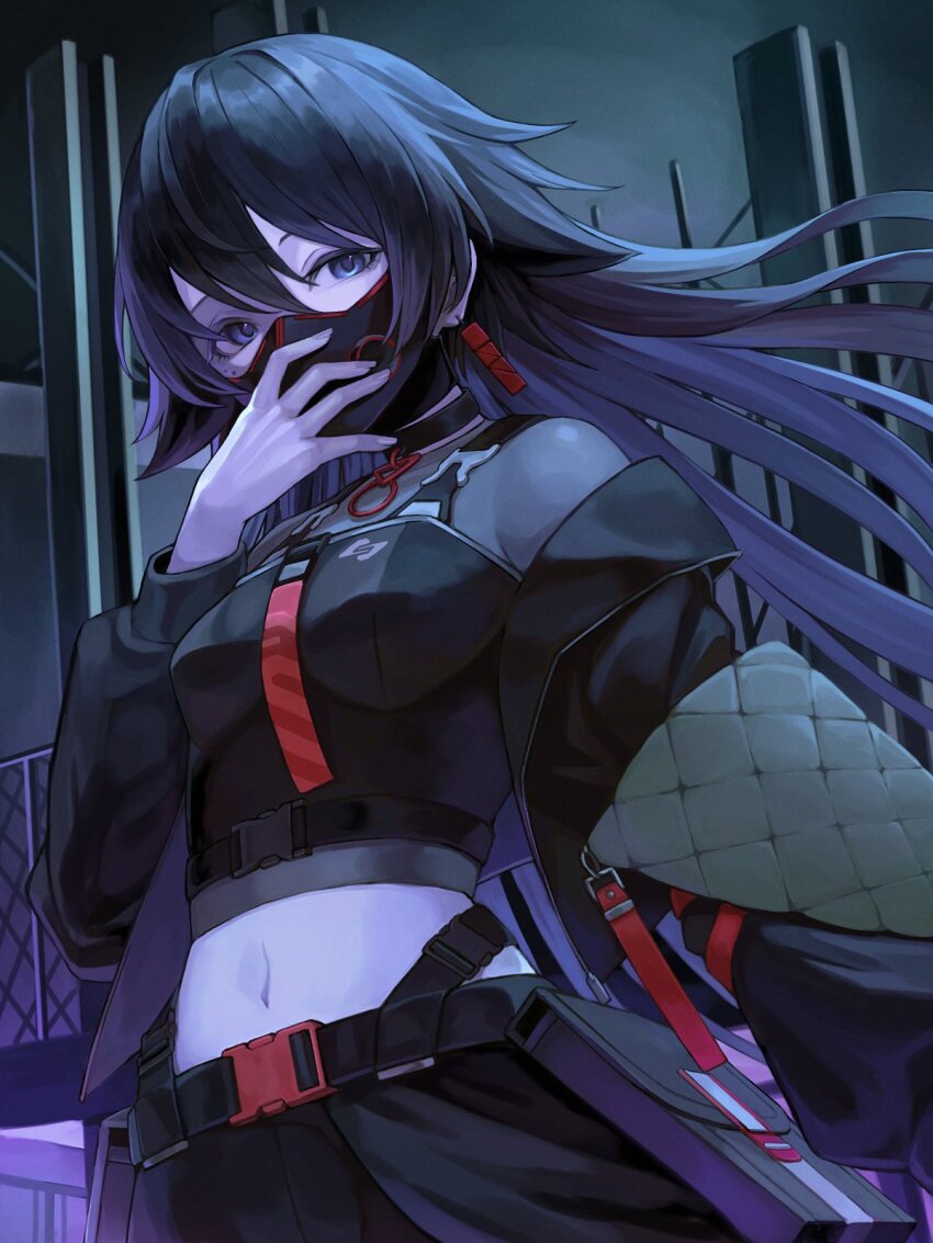 1girl, belt, black_background, black_choker, black_hair, black_jacket, black_shorts, blue_eyes