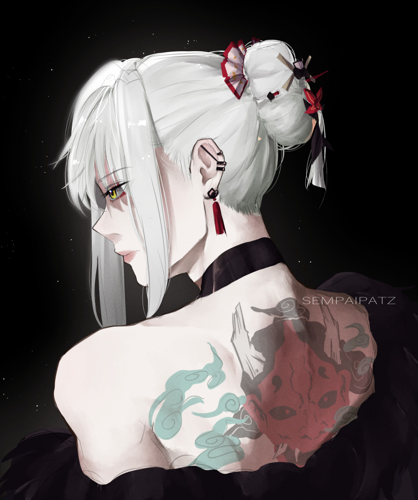 1girl, absurdres, alpha:_crimson_weave_(pgr), alpha:_crimson_weave_(tsubaki)_(pgr), alpha_(pgr), back_tattoo, black_choker, choker