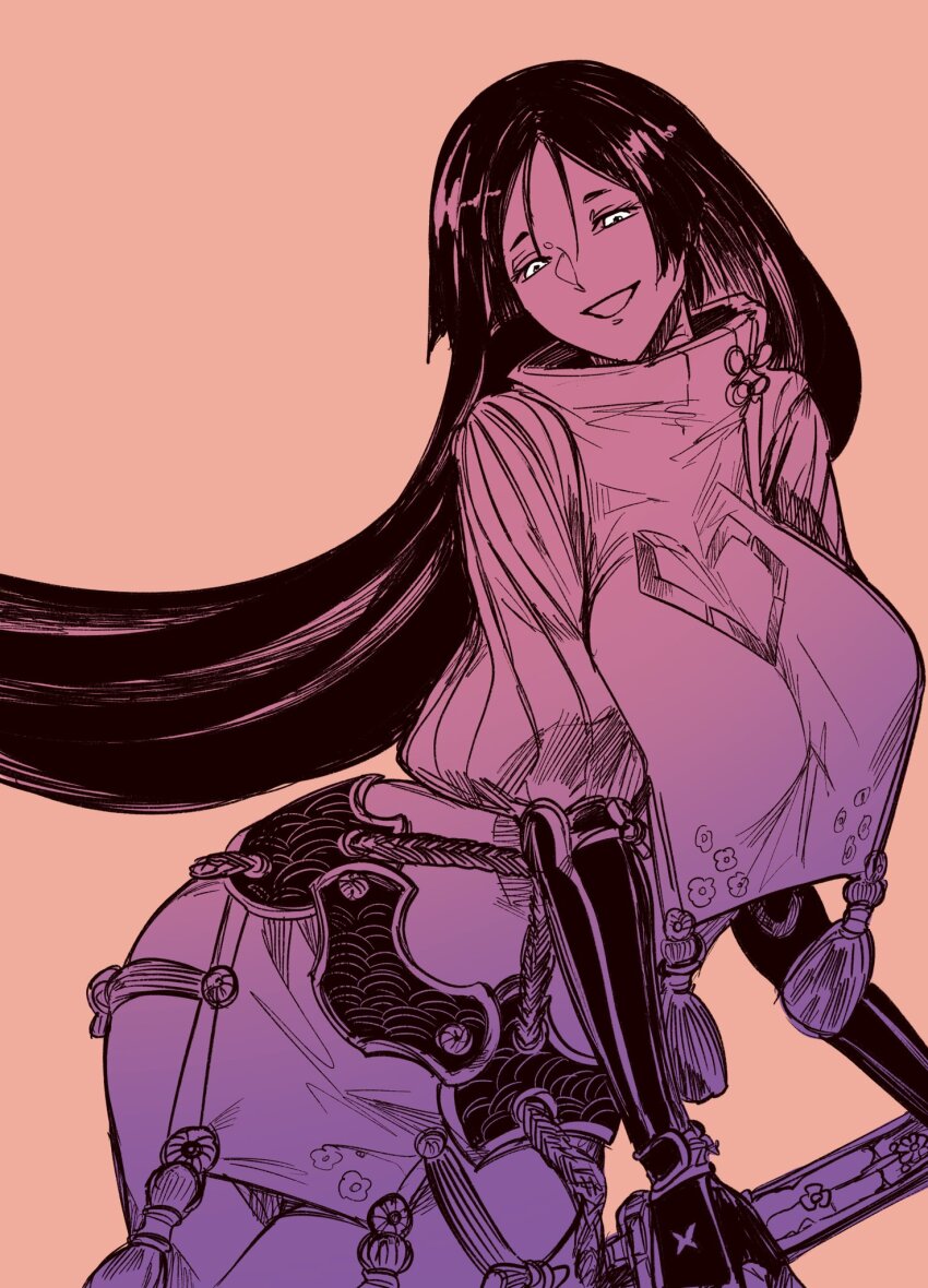 1girl, bodysuit, breasts, cropped_legs, fate/grand_order, fate_(series), highres, katsutacle, large_breasts, long_hair, minamoto_no_raikou_(fate), parted_bangs, ribbed_sleeves, simple_background, smile, solo, sword, very_long_hair, weapon, wind