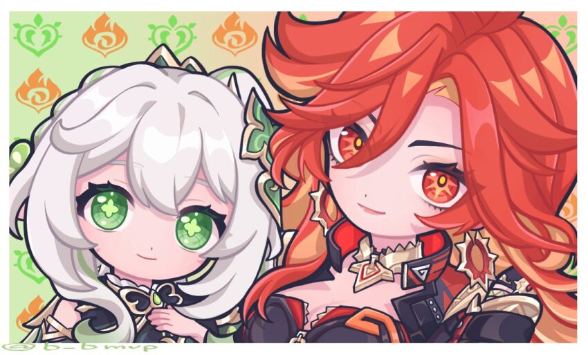 2girls, b_bmvp, border, commentary_request, dendro_symbol_(genshin_impact), earrings, genshin_impact, green_eyes