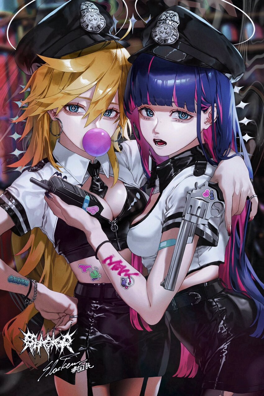 2girls, black_skirt, blonde_hair, breasts, chewing_gum, gun, handgun, hat