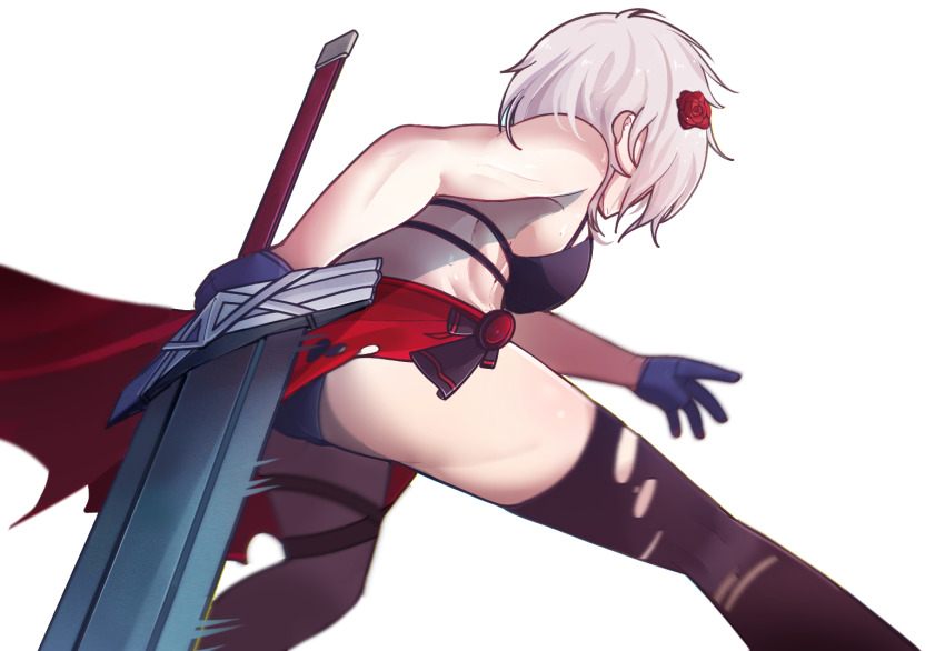 1girl, abs, aizeis, alternate_costume, ass, asymmetrical_legwear, bare_arms, bare_legs, bare_shoulders, bikini, breasts, chrono_ark, fighting_stance, gloves, hair_ornament, holding, holding_sword, holding_weapon, lian_(chrono_ark), medium_breasts, medium_hair, nail_polish, non-web_source, sandals, swimsuit, sword, thighhighs, transparent_background, weapon, white_hair