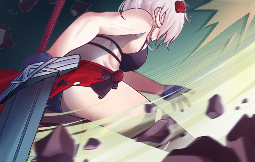 1girl, abs, aizeis, alternate_costume, ass, asymmetrical_legwear, bare_arms, bare_legs, bare_shoulders, bikini, breasts, chrono_ark, fighting_stance, gloves, hair_ornament, highres, holding, holding_sword, holding_weapon, lian_(chrono_ark), medium_breasts, medium_hair, nail_polish, non-web_source, sandals, simple_background, swimsuit, sword, thighhighs, weapon, white_hair