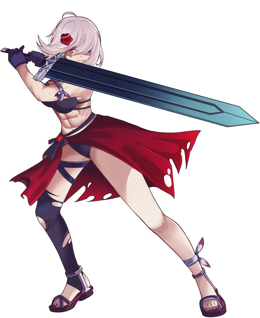 1girl, abs, absurdres, aizeis, alternate_costume, asymmetrical_legwear, bare_arms, bare_legs, bare_shoulders, bikini, breasts, chrono_ark, eyes_visible_through_hair, fighting_stance, gloves, hair_ornament, highres, holding, holding_sword, holding_weapon, lian_(chrono_ark), medium_breasts, medium_hair, nail_polish, non-web_source, purple_eyes, sandals, swimsuit, sword, thighhighs, transparent_background, weapon, white_hair