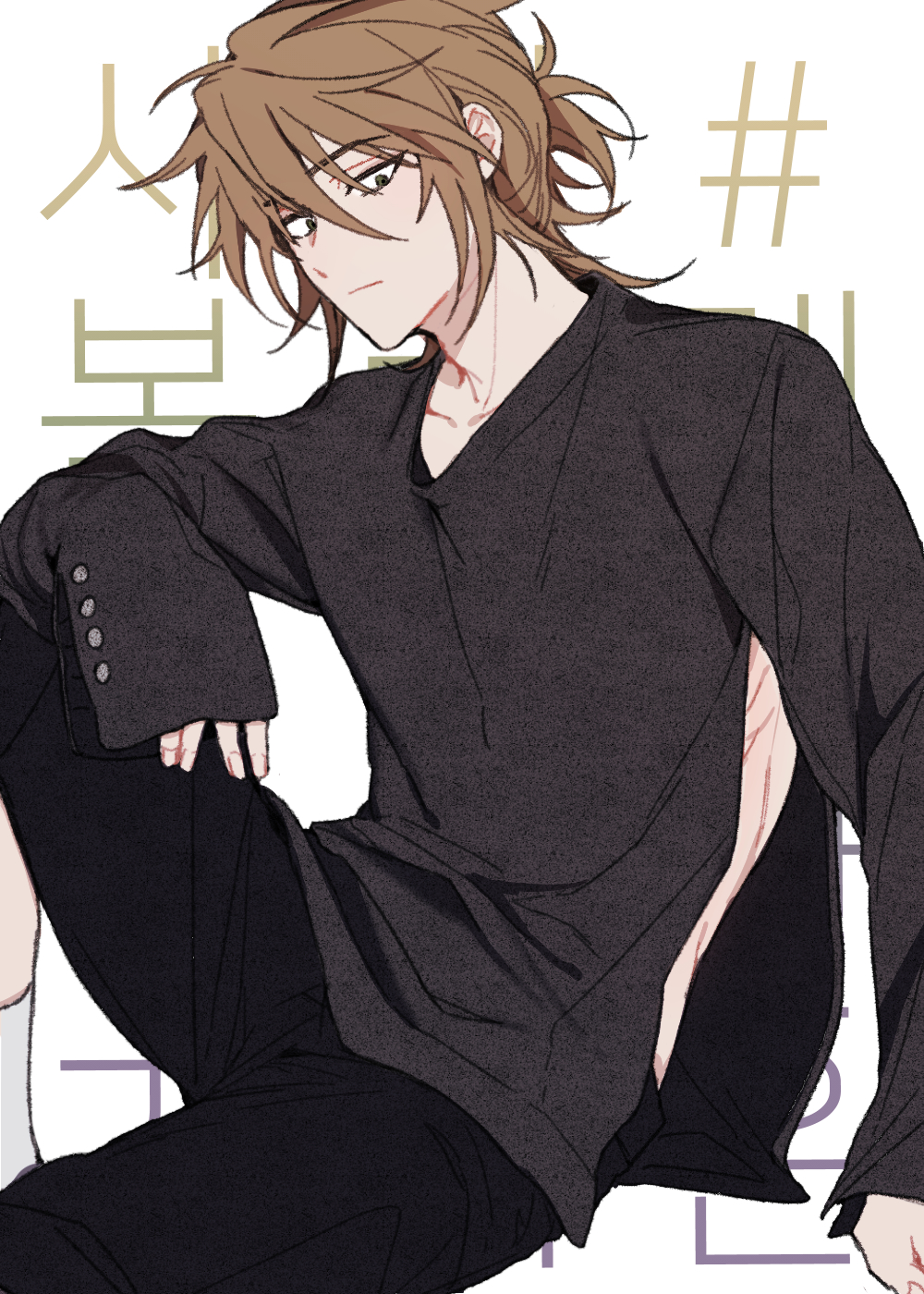 1boy, :/, aji_(sagi_45), alternate_costume, black_pants, black_shirt, brown_hair, closed_mouth