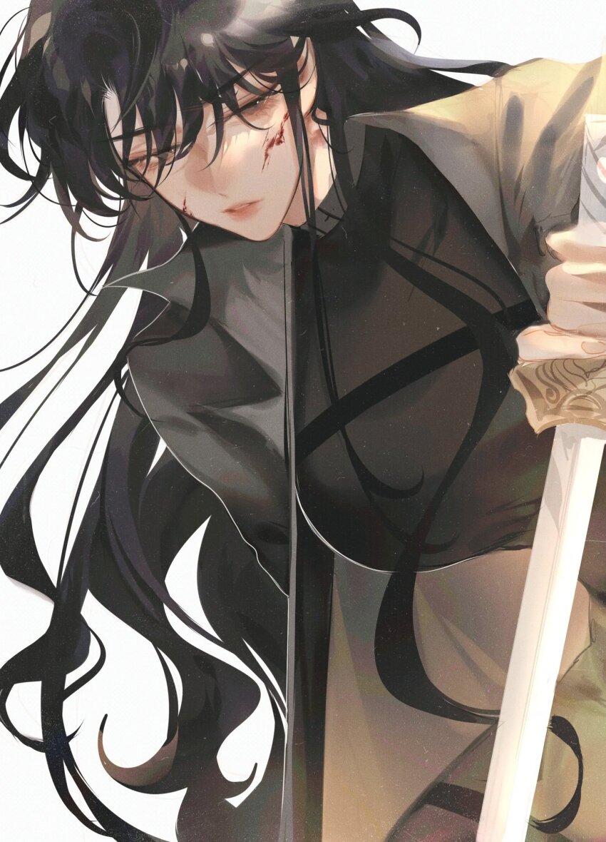 1girl, black_coat, black_hair, black_shirt, blood, blood_on_face, breasts, chest_belt, coat, commentary, genderswap, genderswap_(mtf), hair_over_eyes, highres, holding, holding_sword, holding_weapon, large_breasts, leaning_forward, long_hair, omniscient_reader's_viewpoint, orv_yjh_kdj, shirt, simple_background, solo, sword, very_long_hair, weapon, white_background, yoo_joonghyuk