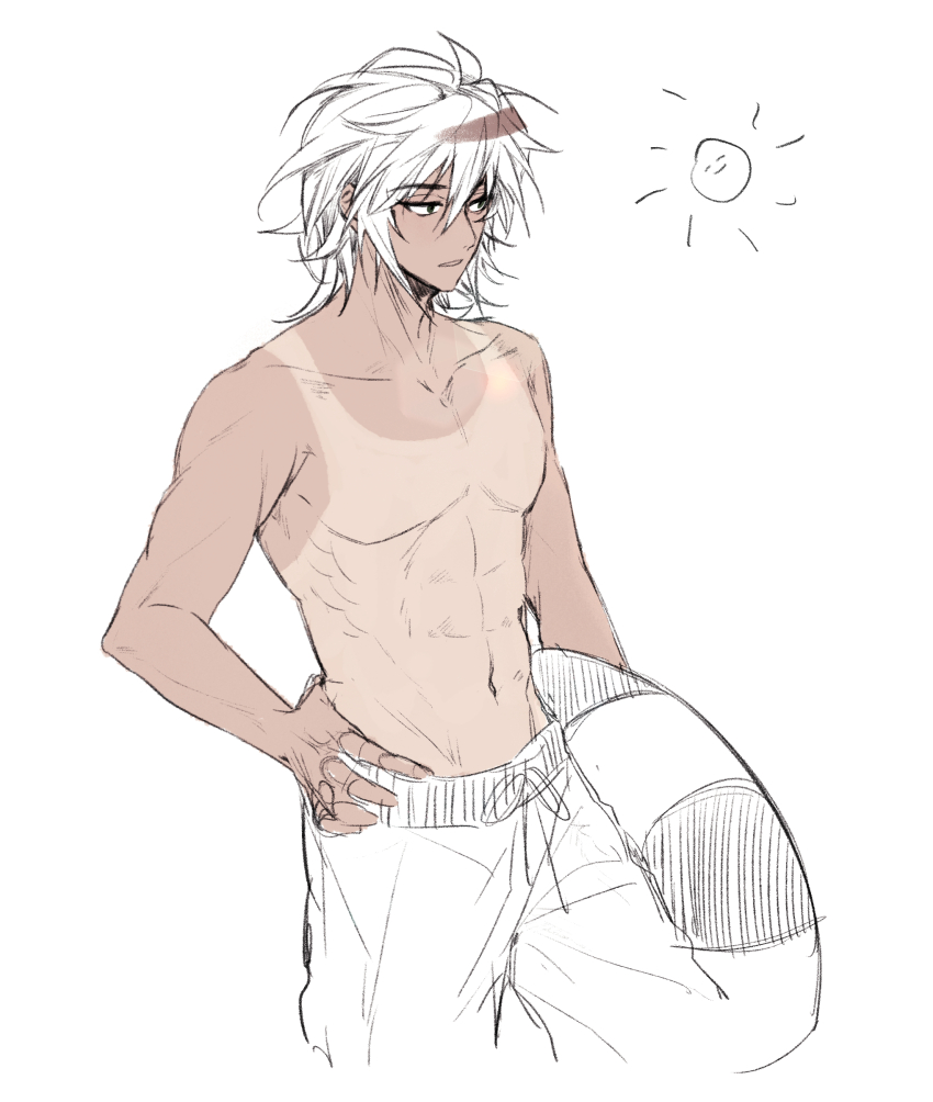 1boy, absurdres, aji_(sagi_45), commentary_request, cropped_legs, green_eyes, hair_between_eyes, hand_on_own_hip