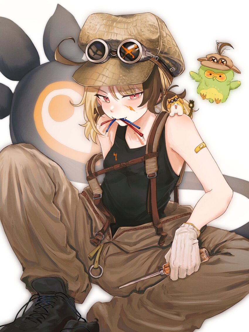 1girl, ahoge, alternate_costume, baggy_pants, bandaid, bandaid_on_arm, black_boots, black_tank_top