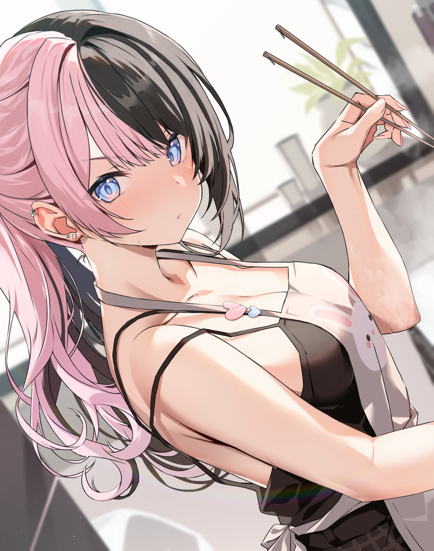 1girl, absurdres, apron, bare_shoulders, black_camisole, black_hair, blue_eyes, breasts