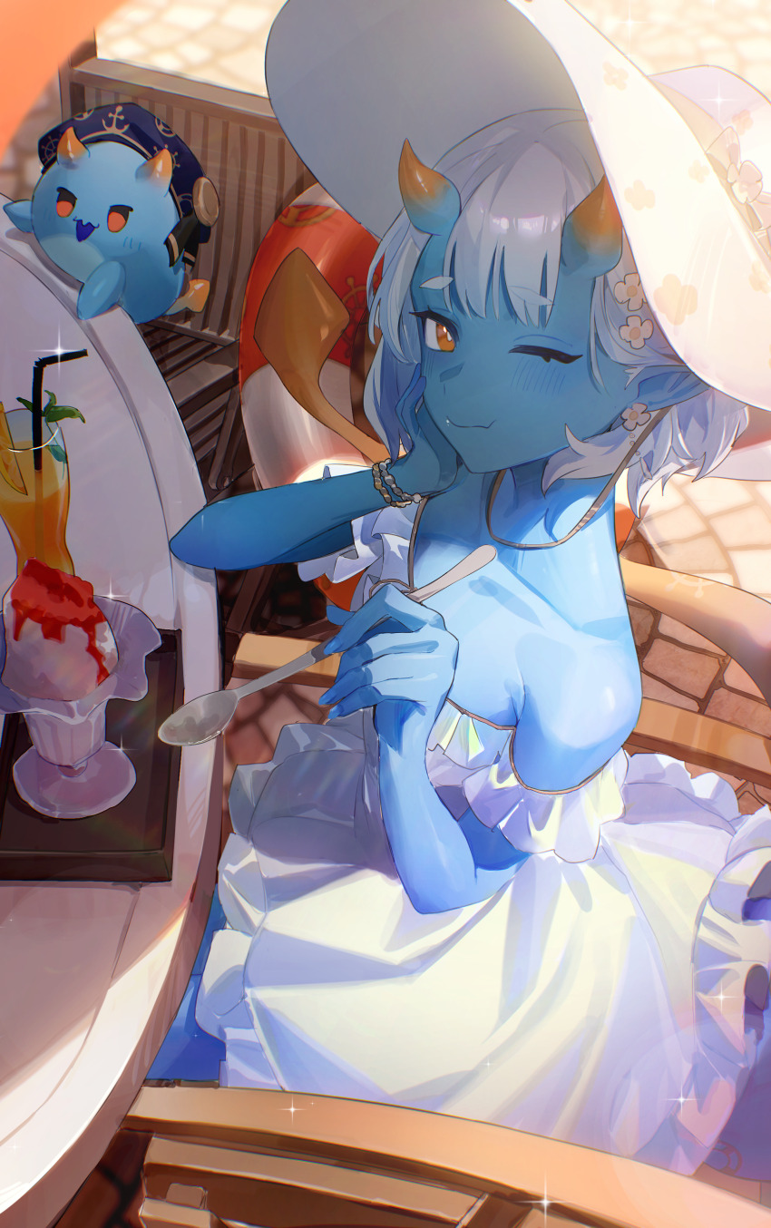 1girl, absurdres, bare_shoulders, bendy_straw, beret, blue_skin, blurry, blurry_background