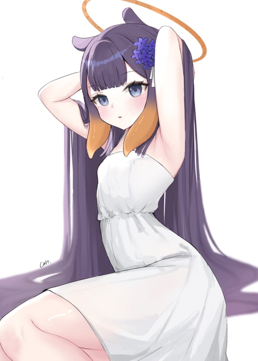 1girl, alternate_costume, arm_behind_head, armpits, arms_up, artist_name, blue_eyes, blue_flower