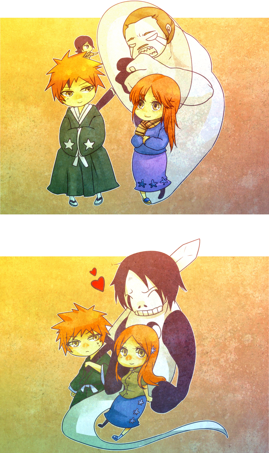 bleach, chibi, couple, highres, inoue_orihime, japanese_clothes, kimono, kuchiki_rukia
